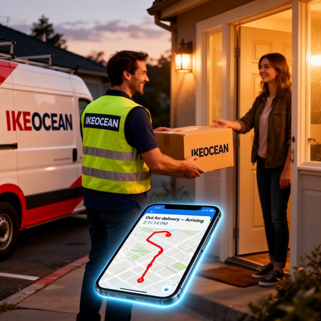 IKEOCEAN last-mile courier delivering a package with live GPS tracking