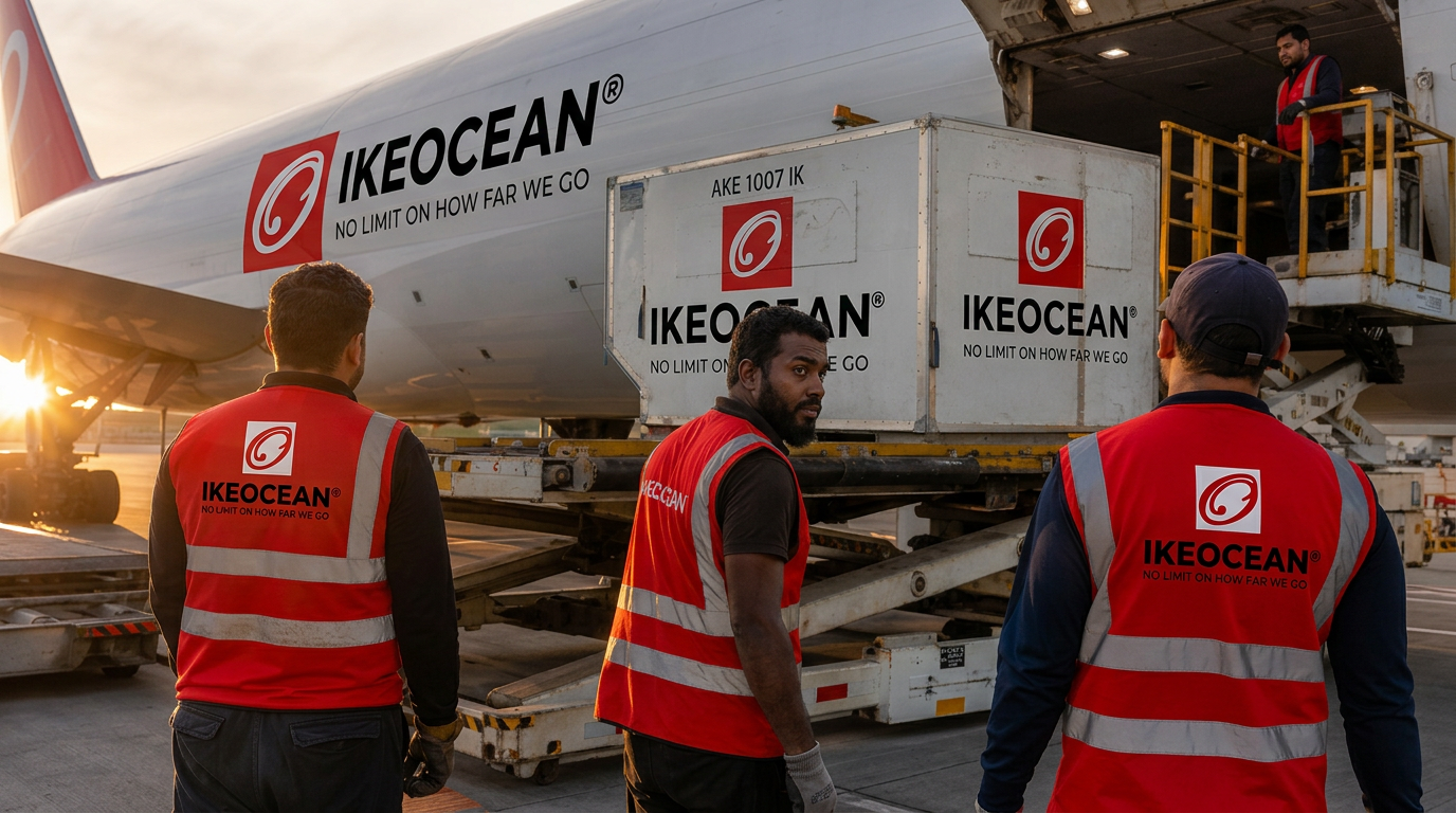 IKEOCEAN ground crew loading ULD containers onto a cargo aircraft