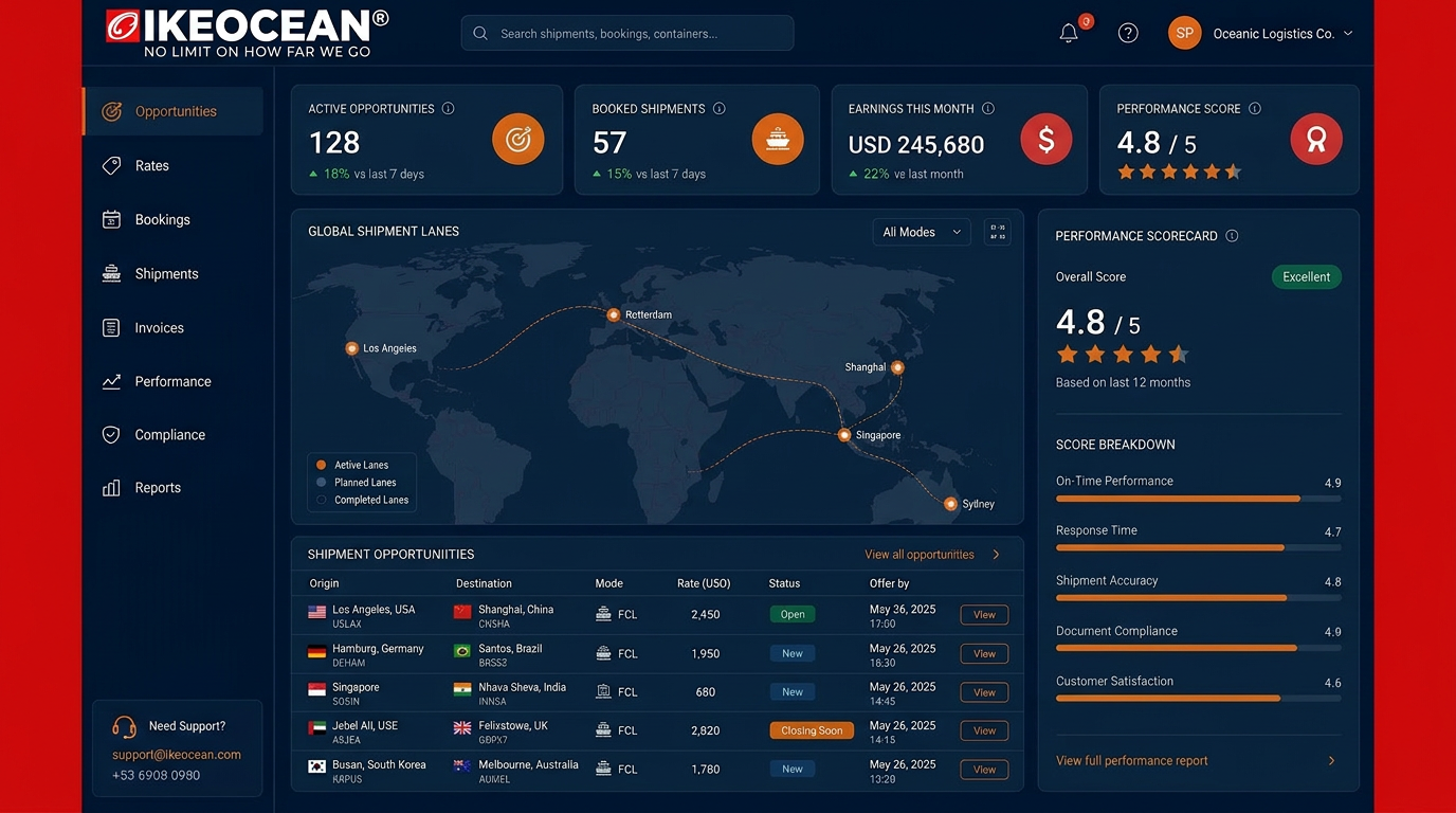 IKEOCEAN ShipHub Service Provider Dashboard preview showing shipment opportunities, performance scorecard, and global shipment lanes