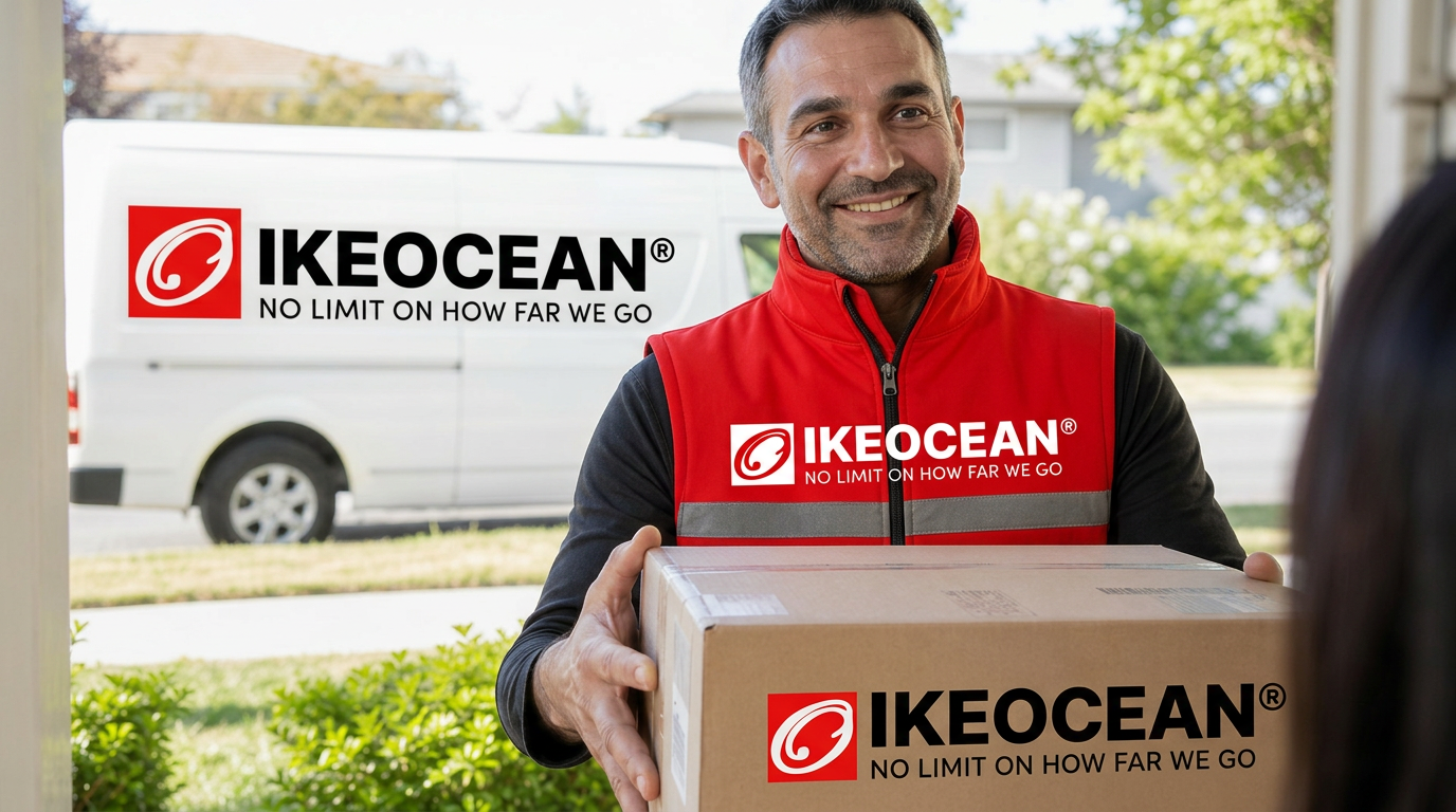 IKEOCEAN last-mile courier delivering a package with branded delivery van