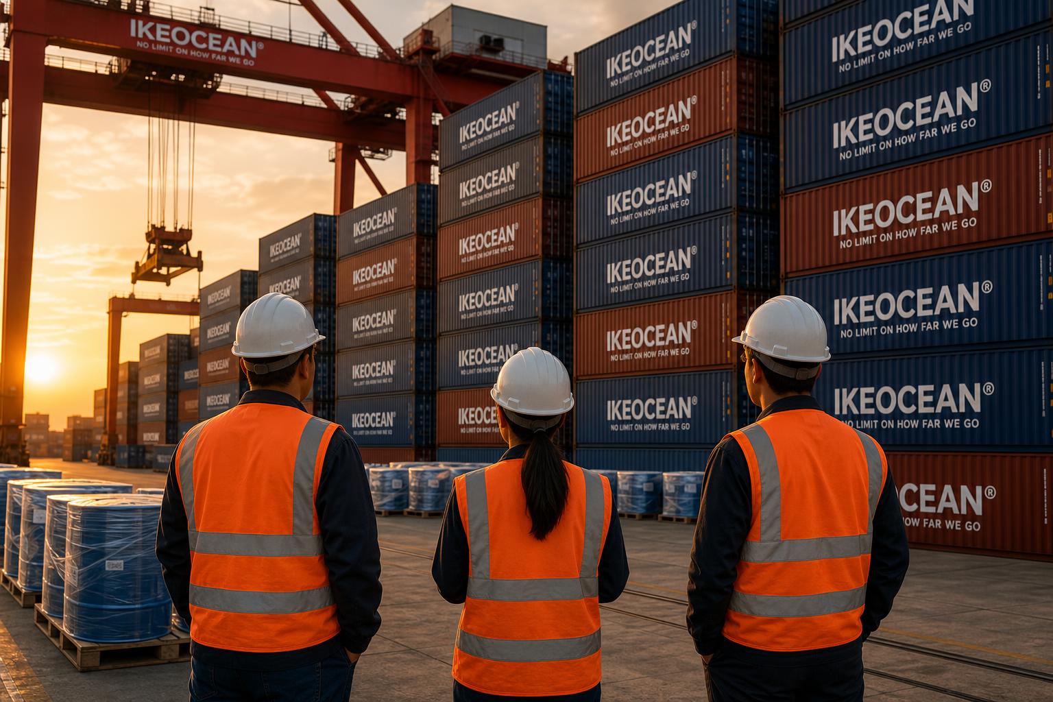 IKEOCEAN container vessel at port terminal with gantry cranes for FCL and LCL operations
