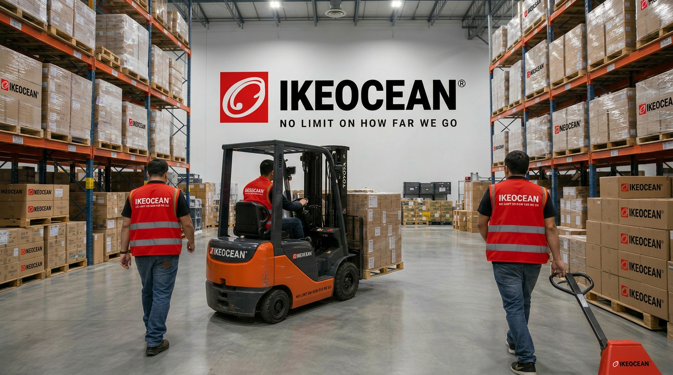 IKEOCEAN fulfillment warehouse with forklift, storage racks and pick and pack operations